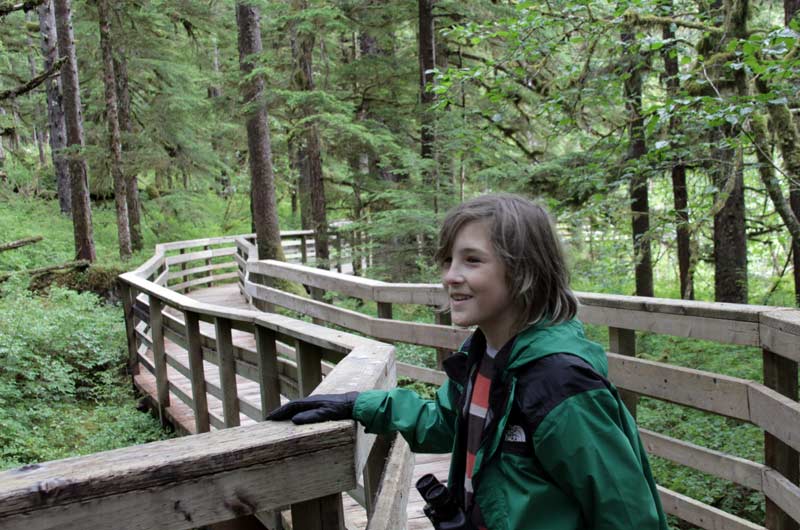 Zac on the boardwalk through the rainforest at Glacier Bay